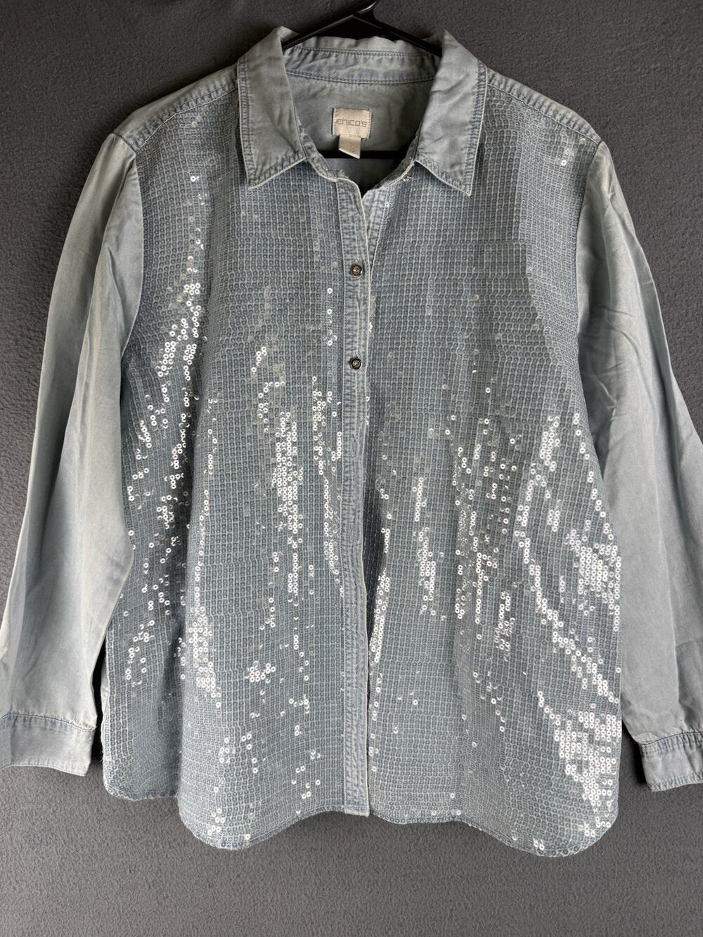 Chico's Sz 3 Sequin Front Beautiful Denim Jean Blouse Shirt Top Button Up
